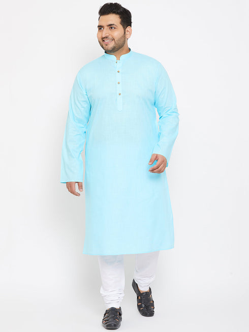 Men's Plus Size Aqua Blue Cotton Kurta And Pyjama Set