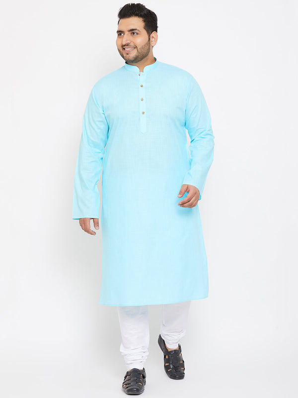 Men's Plus Size Aqua Blue Cotton Kurta And Pyjama Set