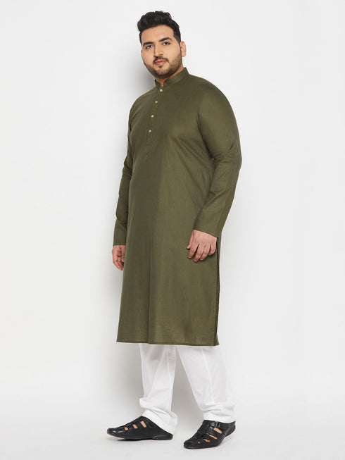 Men's Plus Size Mehndi Green Cotton Kurta And Cotton Pant Style Pyjama Set