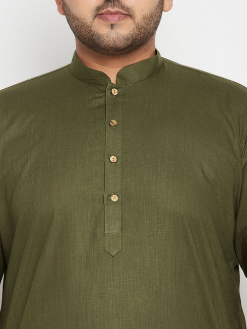Men's Plus Size Mahendi Green And White Cotton Blend Kurta Pyjama Set