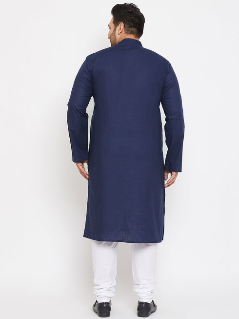 Men's Plus Size Navy Blue Cotton Kurta And Pyjama Set