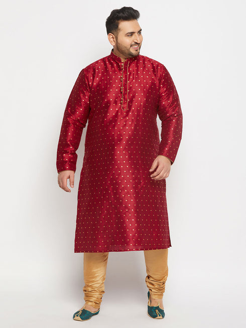 Men's Plus Size Maroon Zari Weaved Kurta Pyjama Set
