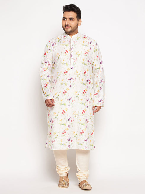 Men's Plus Size Cream Cotton Blend Printed Kurta