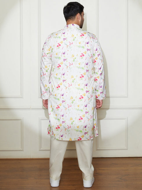 Plus Men's Cream Cotton Blend Kurta And Pyjama Set