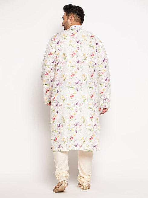 Men's Plus Size Cream Cotton Blend Printed Kurta And Solid Pyjama Set