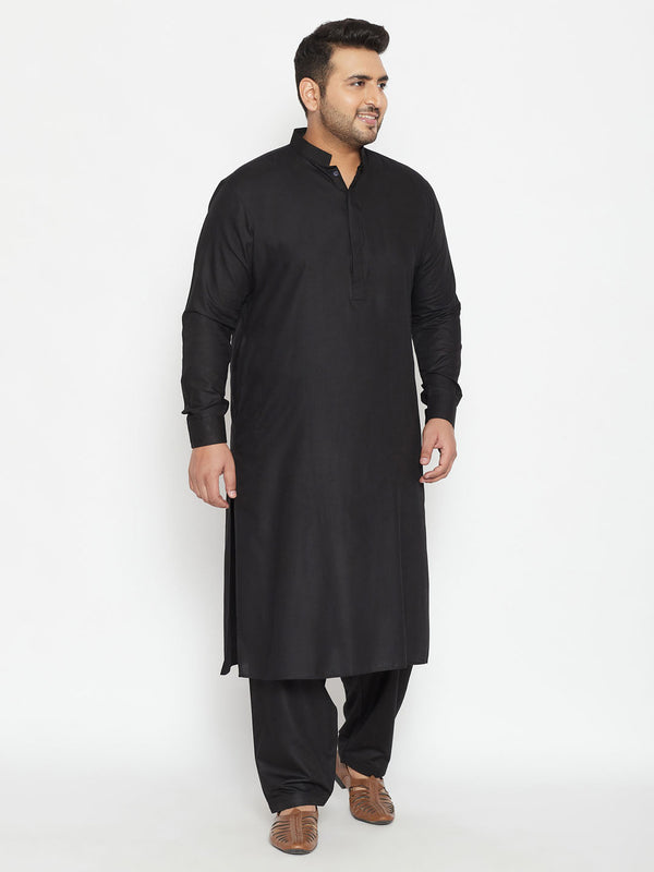 Men's Plus Size Black Cotton Blend Pathani Set