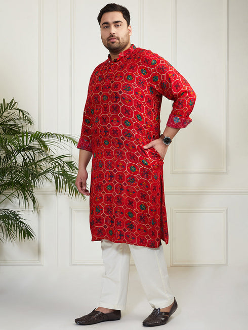 Plus Men's Blue And Cream Cotton Blend Kurta Pyjama Set