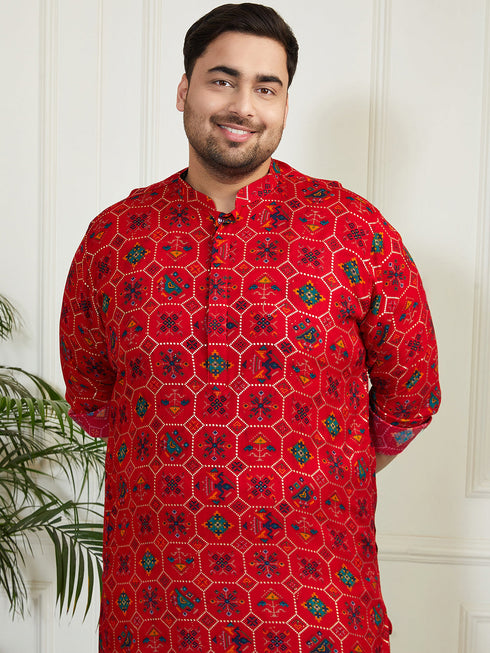 Plus Men's Blue And Cream Cotton Blend Kurta And Patiala Set