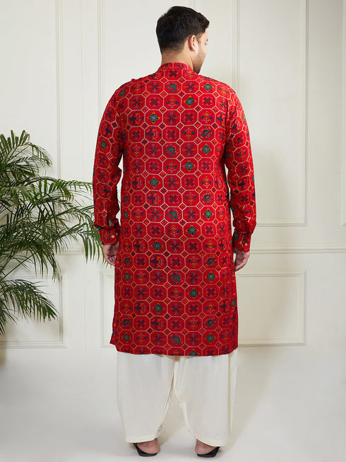 Plus Men's Blue And Cream Cotton Blend Kurta And Patiala Set