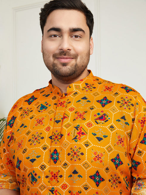 Plus Men's Yellow And Cream Cotton Blend Kurta And Patiala Set