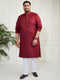 Plus Men's Maroon And White Cotton Blend Kurta Pyjama Set