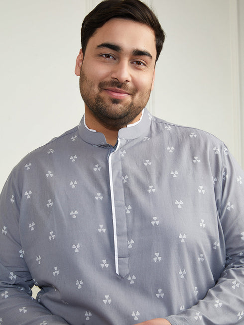 Plus Men's Grey And White Cotton Kurta Pyjama Set
