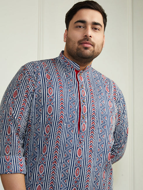 Plus Men's Indigo Blue White Cotton Kurta Pyjama Set