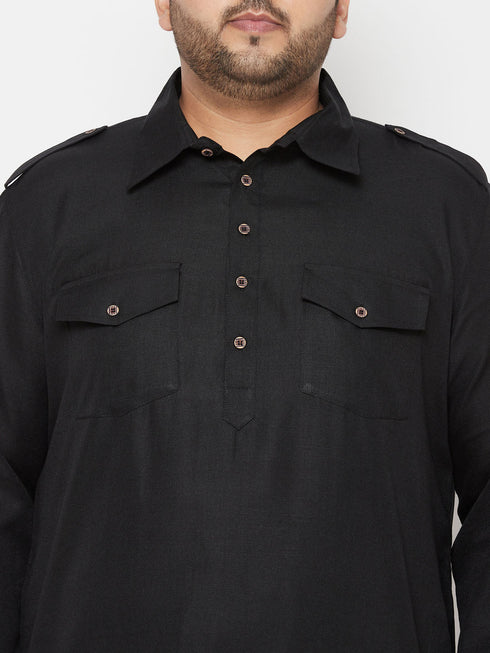 Men's Plus Size Black And Cream Cotton Blend Pathani Set