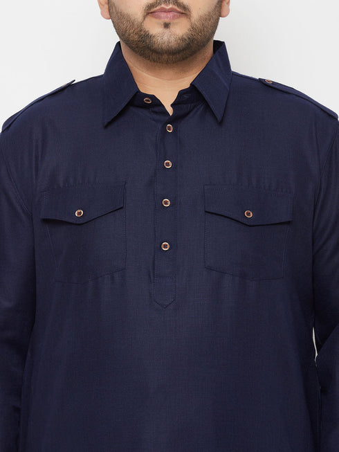 Men's Plus Size Blue And Cream Cotton Blend Pathani Set