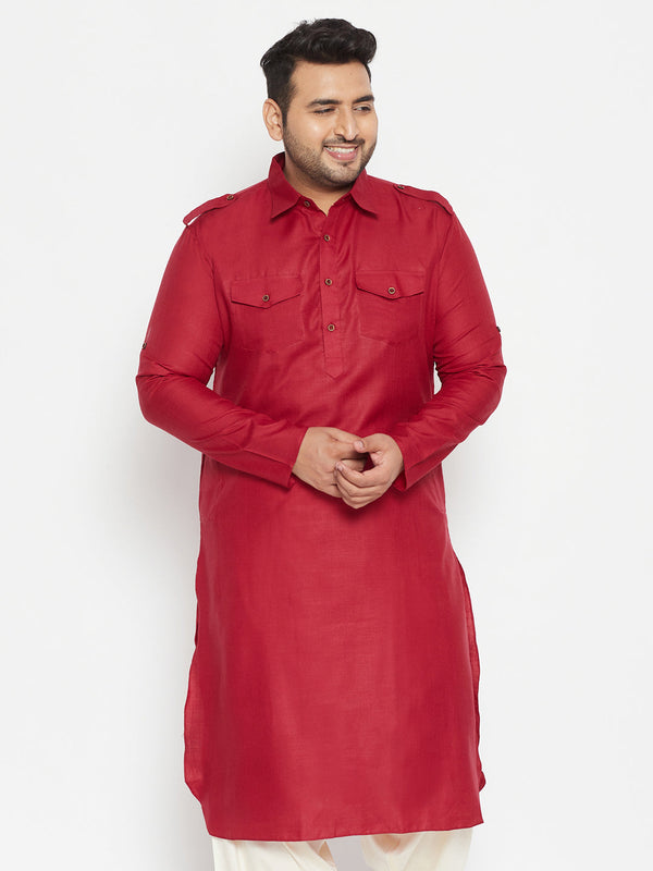 Men's Plus Size Maroon Cotton Blend Pathani Kurta