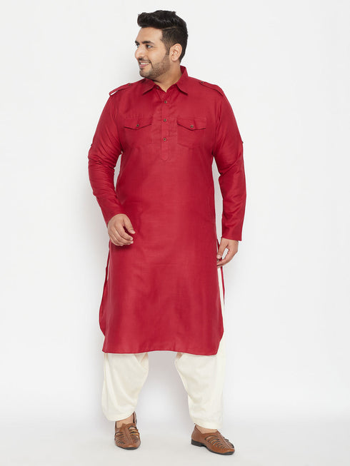 Men's Plus Size Maroon Cotton Blend Pathani Kurta
