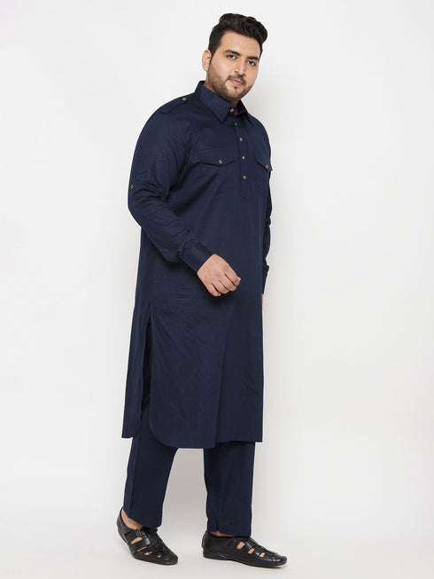 Men's Plus Size Blue Cotton Blend Pathani Kurta