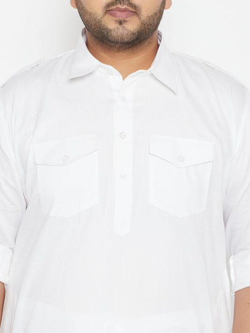 Men's Plus Size White Cotton Blend Pathani Set