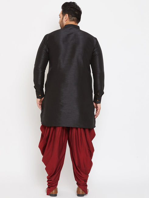 Men's Plus Size Black Silk Blend Curved Kurta Dhoti Set