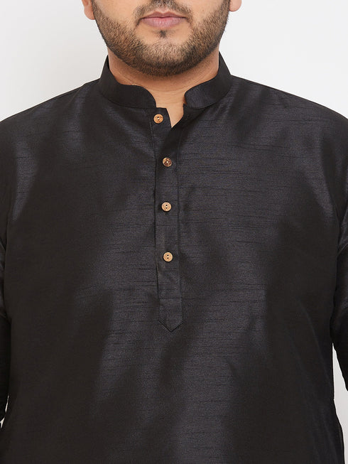 Men's Plus Size Black Silk Blend Curved Kurta Dhoti Set