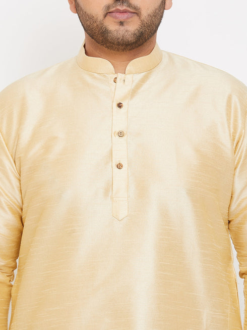 Men's Plus Size Golden Silk Blend Curved Kurta Dhoti Set