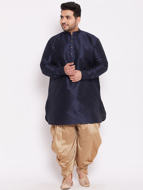 Men's Plus Size Navy Blue Silk Blend Curved Kurta Dhoti Set