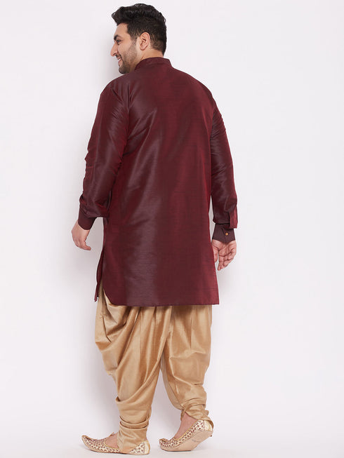 Men's Plus Size Wine Silk Blend Curved Kurta Dhoti Set
