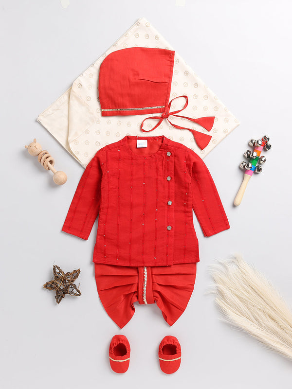 Boy's Red Chanderi Ethnic Combo Set
