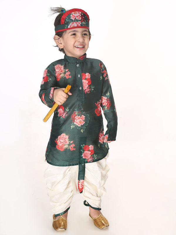 Boy's Multicolor-Base-Green Cotton Blend Kurta And Dhoti Set