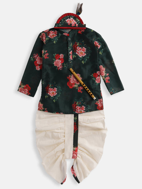 Boy's Multicolor-Base-Green Cotton Blend Kurta And Dhoti Set