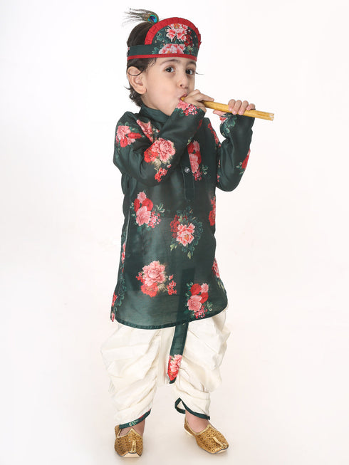 Boy's Multicolor-Base-Green Cotton Blend Kurta And Dhoti Set