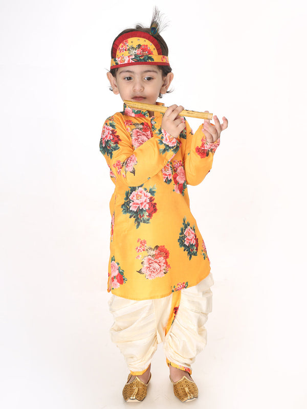 Boy's Multicolor-Base-Yellow Cotton Blend Kurta And Dhoti Set