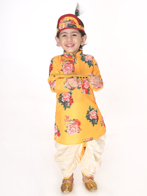 Boy's Multicolor-Base-Yellow Cotton Blend Kurta And Dhoti Set