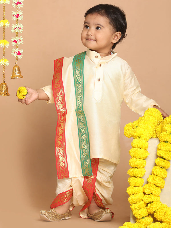 Boy's Gold-Toned Kurta With Dhoti Pants & With Dupatta
