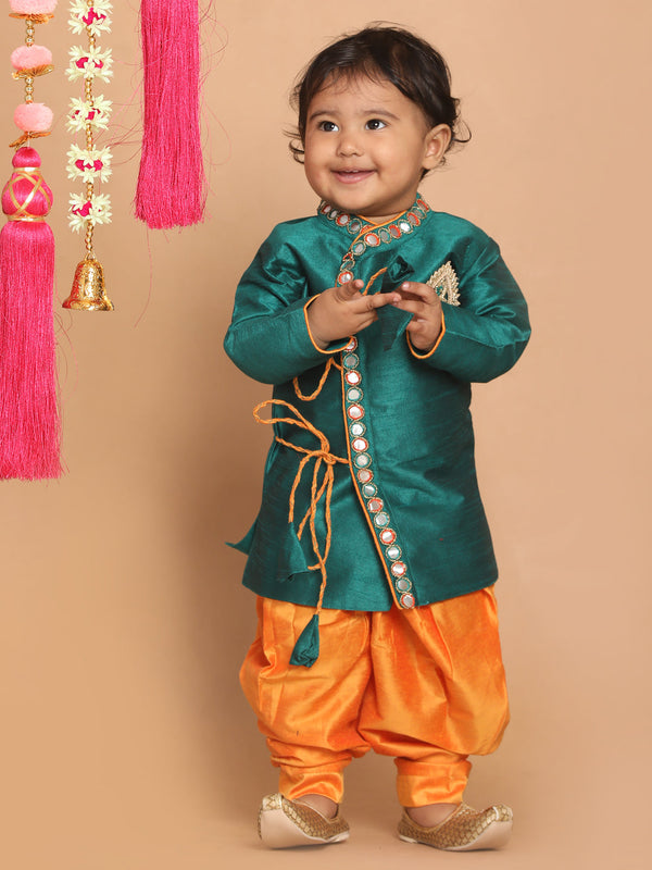 Boy's Green Embroidered Angrakha Mirror Work Kurta With Dhoti Pants