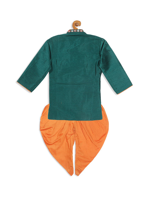 Boy's Green Embroidered Angrakha Mirror Work Kurta With Dhoti Pants