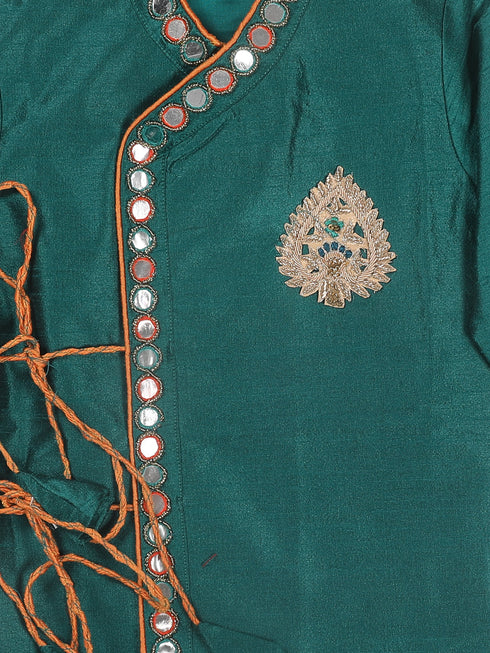 Boy's Green Embroidered Angrakha Mirror Work Kurta With Dhoti Pants