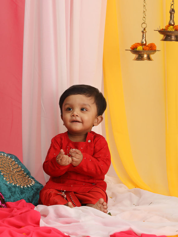 Sishu Boy's Red Embellished Angrakha Kurta Dhoti Set