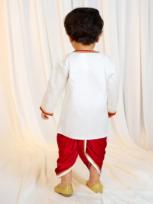 Boys White Fine Satin Kurta Dhoti Set with Embroidery