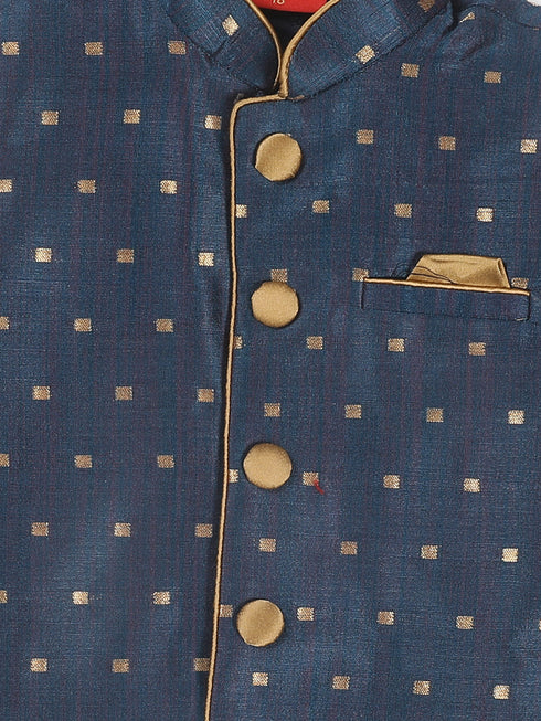Sishu Boy's Gold-Toned & Blue Color Woven Design Nehru Jacket