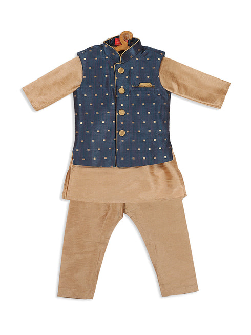 Sishu Boy's Rose Gold Kurta Pyjama With Blue Woven Nehru Jacket