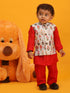 Sishu Boy's Aqua Blue Floral Silk Blend Nehru Jacket And Red Kurta Pyjama Set