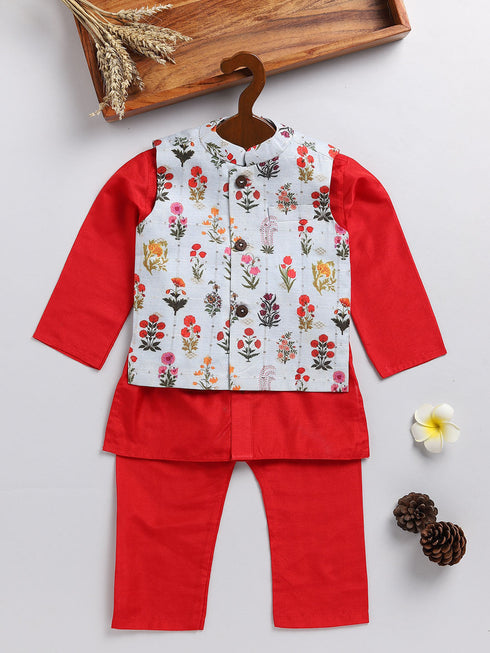 Sishu Boy's Aqua Blue Floral Silk Blend Nehru Jacket And Red Kurta Pyjama Set