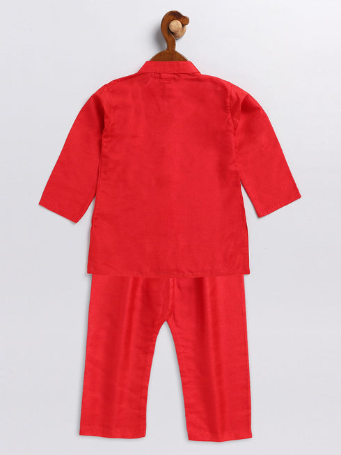 Sishu Boy's Aqua Blue Floral Silk Blend Nehru Jacket And Red Kurta Pyjama Set