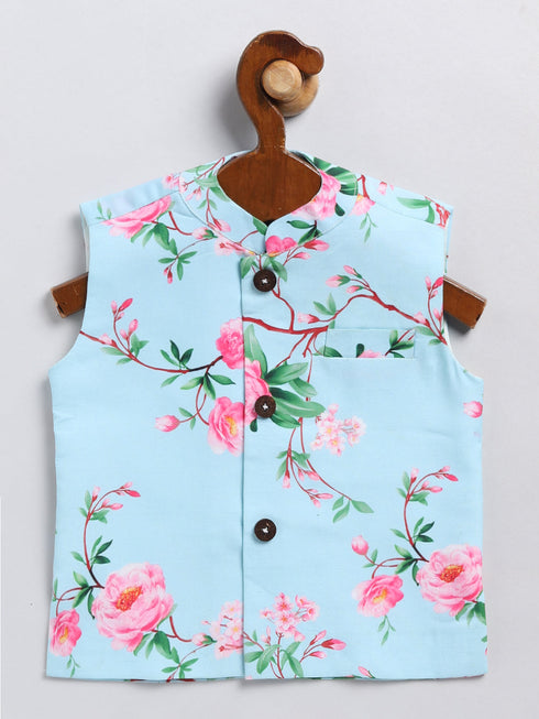 Boy's Aqua Blue Floral Silk Blend Nehru Jacket