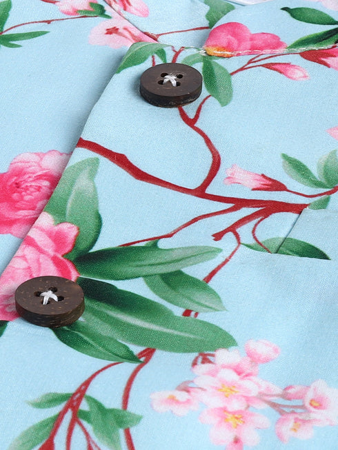 Boy's Aqua Blue Floral Silk Blend Nehru Jacket