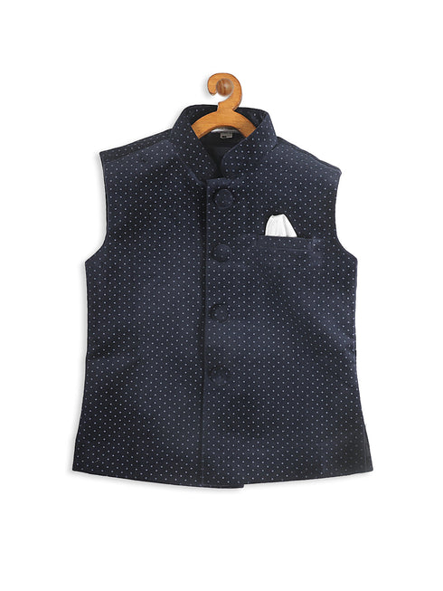 Boy's Navy Blue & White Printed Velvet Nehru Jacket