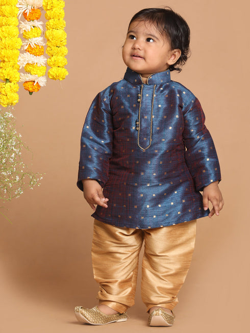 Boy's Blue Woven Design Kurta And Rose Gold Pyjama Set