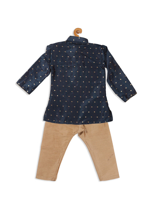 Boy's Blue Woven Design Kurta And Rose Gold Pyjama Set